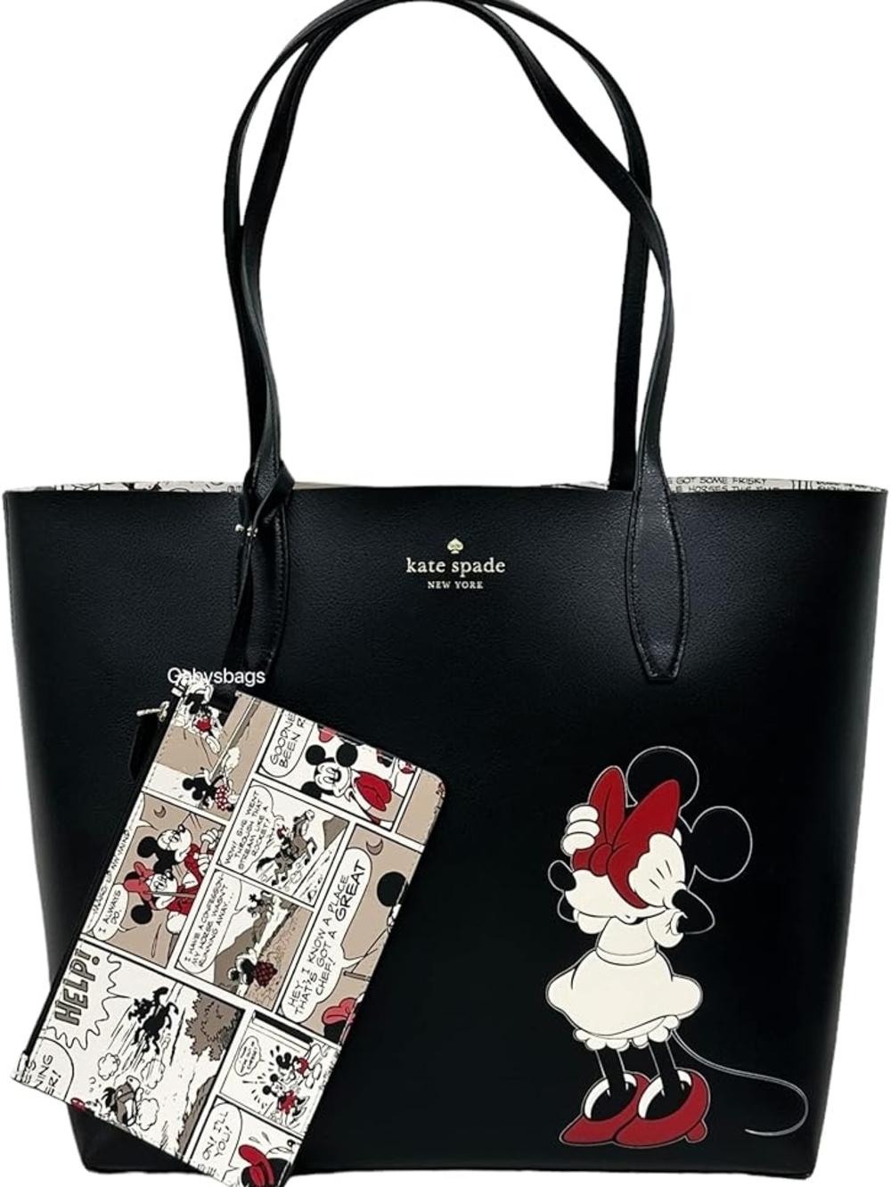 NWT kate spade Black Minnie Mouse Comic Graphic Reversible Tote With Pouch